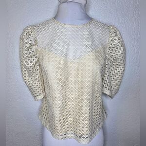 English Factory Cream Eyelet Top Size XS Puff Sleeves, Gold Lined Blouse